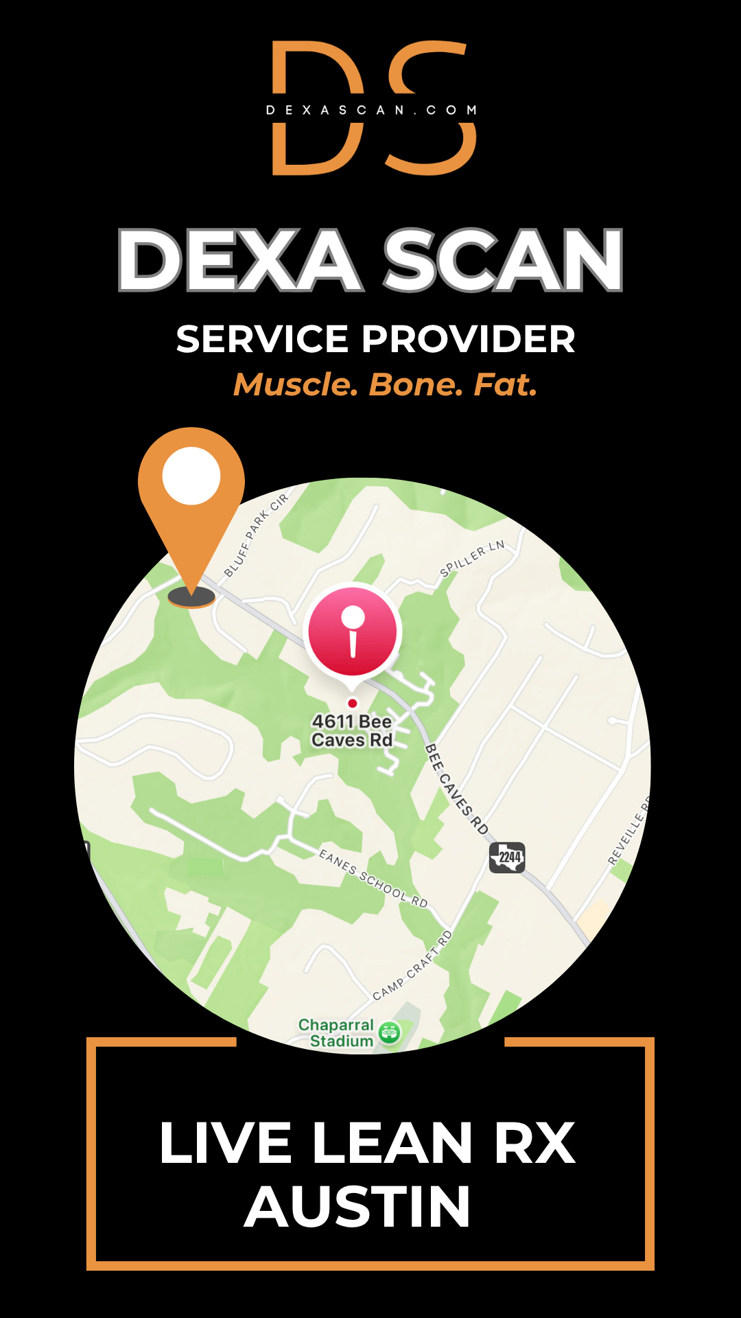 Dexa Scan service provider advertisement with map and contact information on a black background