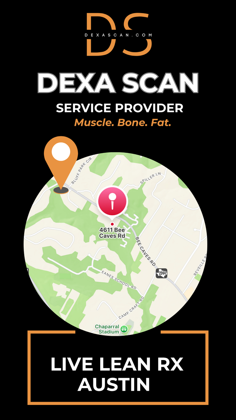 Dexa Scan service provider advertisement with map and contact information on a black background