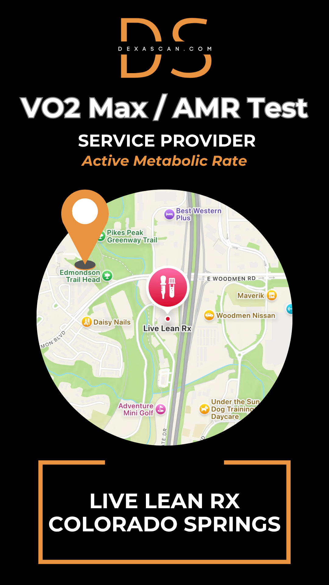 dexascan.com VO2 Max Active Metabolic Rate service provider Live Lean RX Colorado Springs with location map and pin