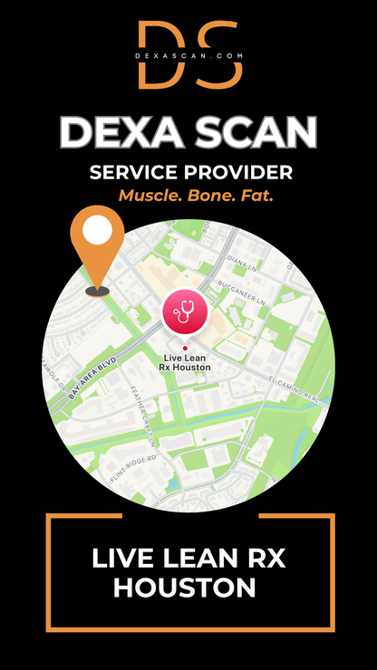 Dexa Scan service provider advertisement with map and location pin on a black background