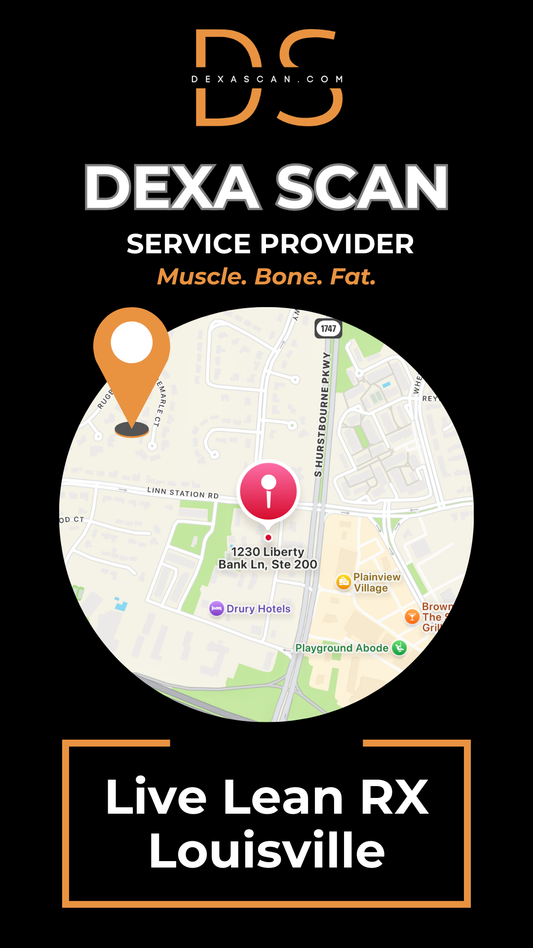 Dexa Scan service provider advertisement with map and branding elements on a black background