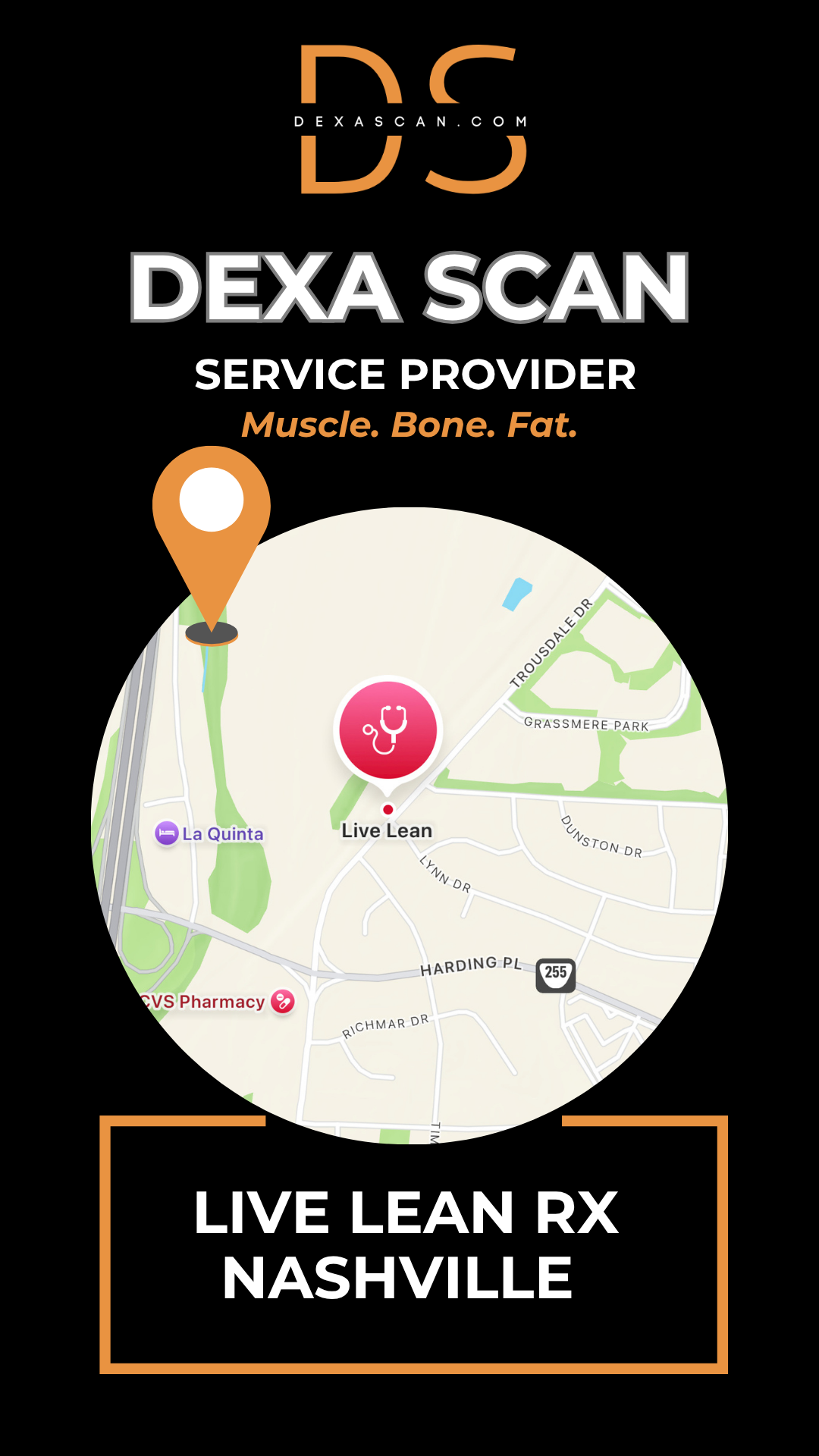 Map of Live Lean RX Nashville with DEXA Scan branding on a black background