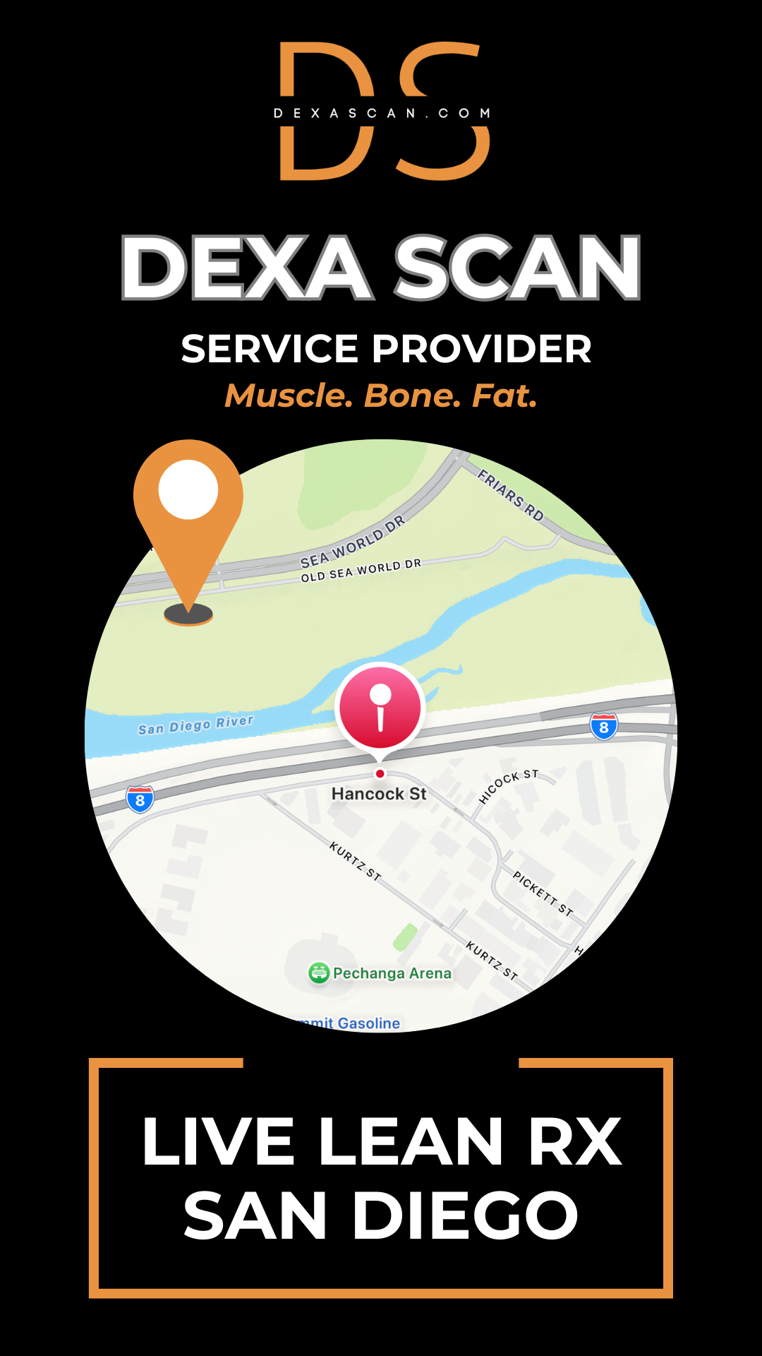 Dexa Scan service provider advertisement with map and branding elements on a black background