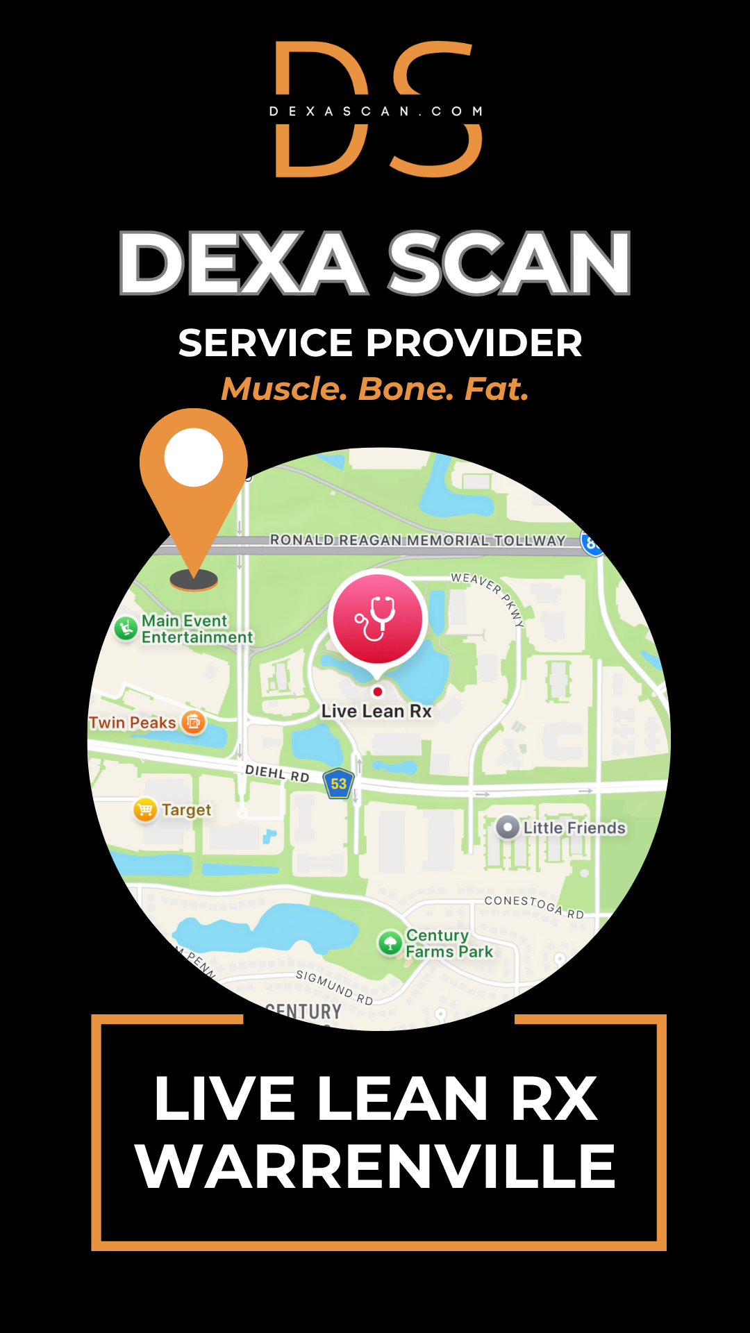 Dexa Scan service provider map with location details on a black background