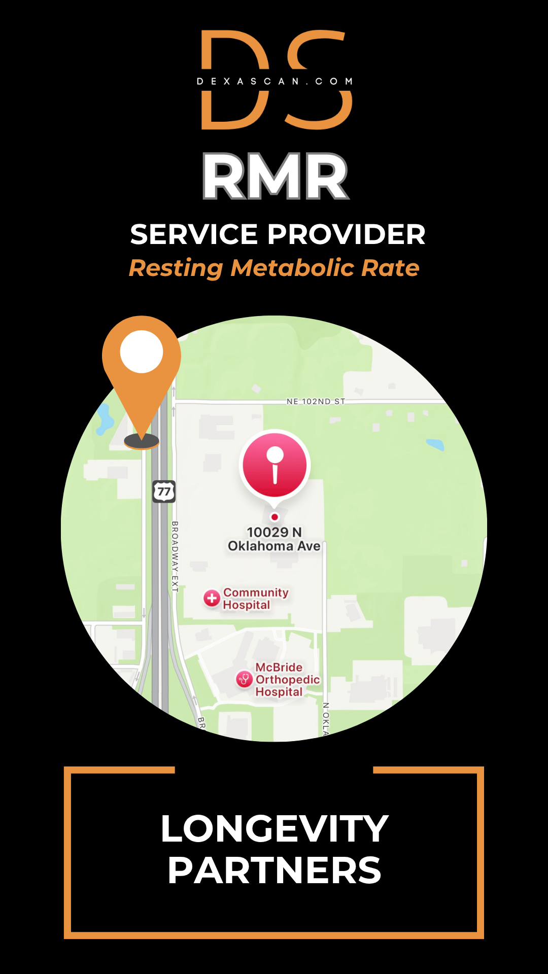 Map with location pin and text about RMR service provider on a black background