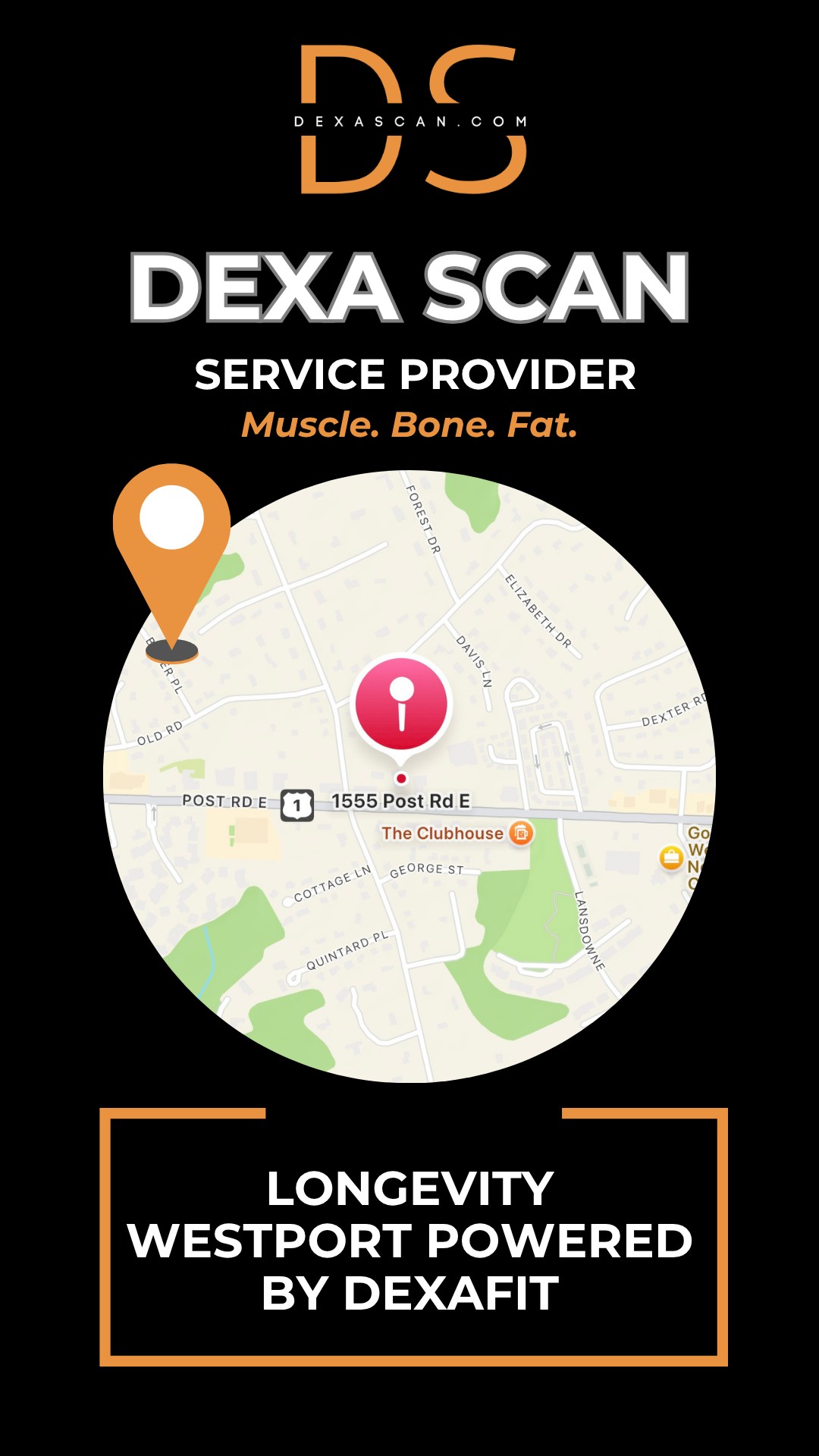 Dexa Scan service provider advertisement with map and branding elements on a black background