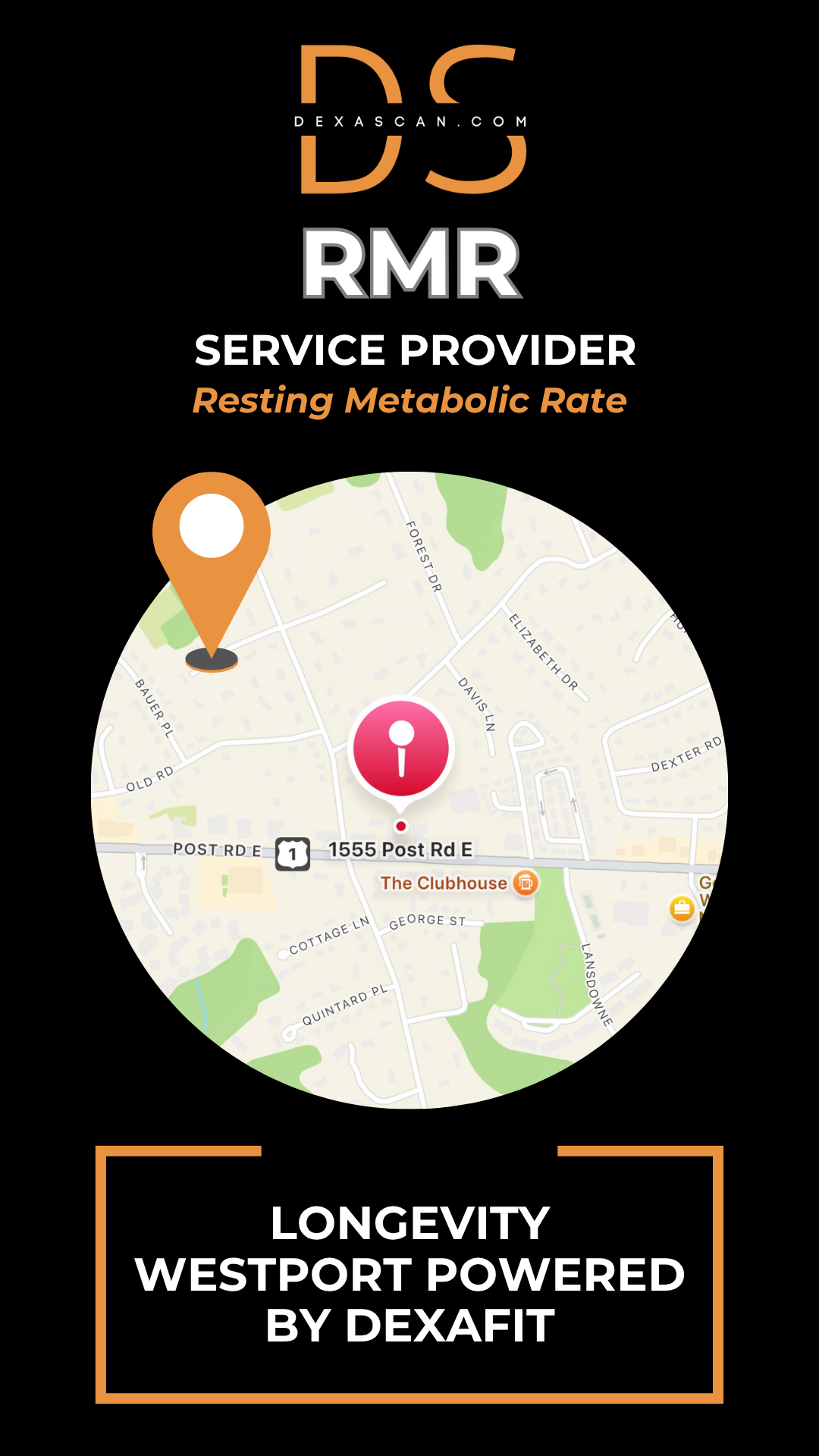 dexascan.com resting metabolic rate service provider Longevity Westport Powered by DEXAFIT with location map and pin