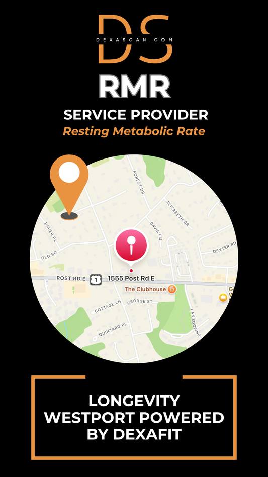 dexascan.com resting metabolic rate service provider Longevity Westport Powered by DEXAFIT with location map and pin