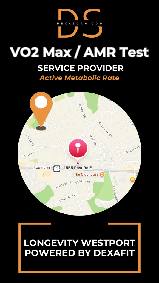 dexascan.com VO2 Max Active Metabolic Rate service provider Longevity Westport Powered by DEXAFIT with location map and pin
