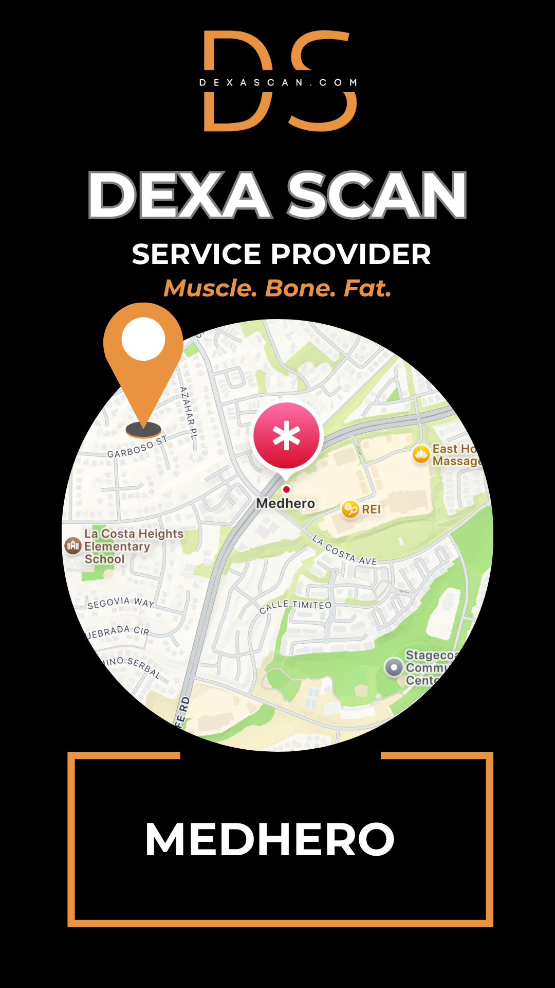 Dexa Scan service provider logo with a map and location markers on a black background