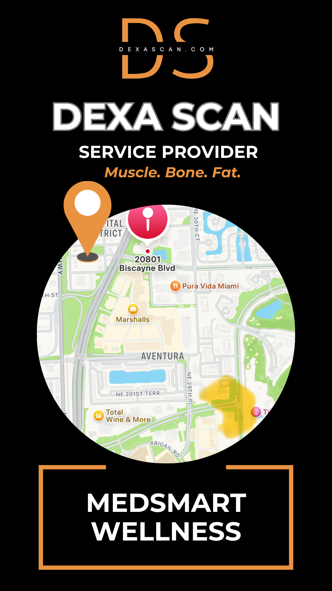 Dexa Scan service provider logo with map and branding elements on a black background