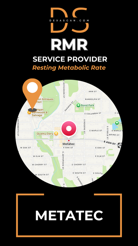 Map with a location marker and text about RMR service provider Metatec on a black background.