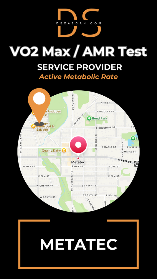 Map with location markers and text about VO2 Max/AMR Test service provider Metatec on a black background.