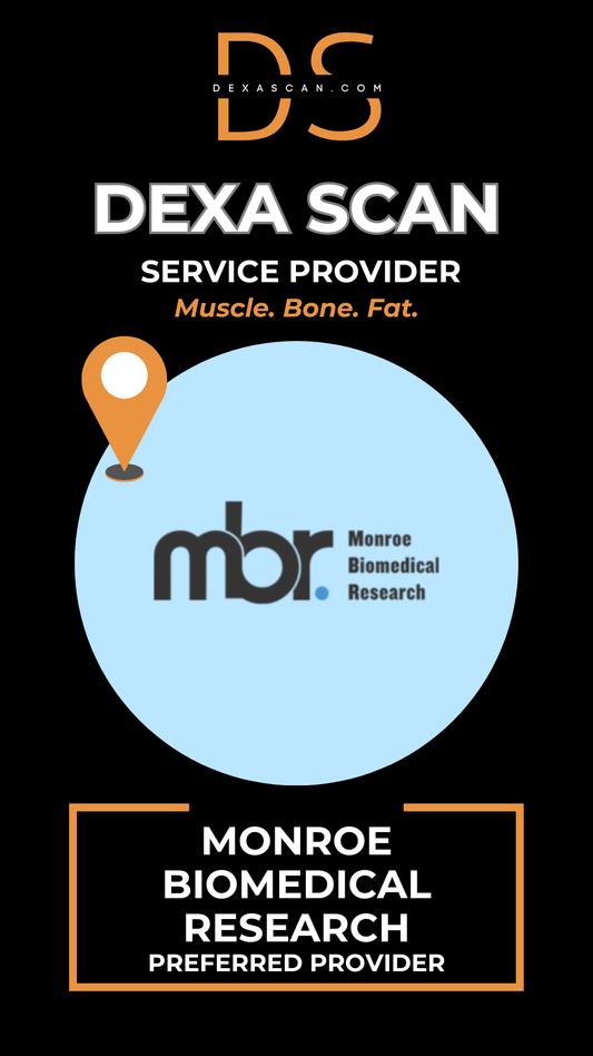 Advertisement for DEXA Scan service provider Monroe Biomedical Research on a black background.