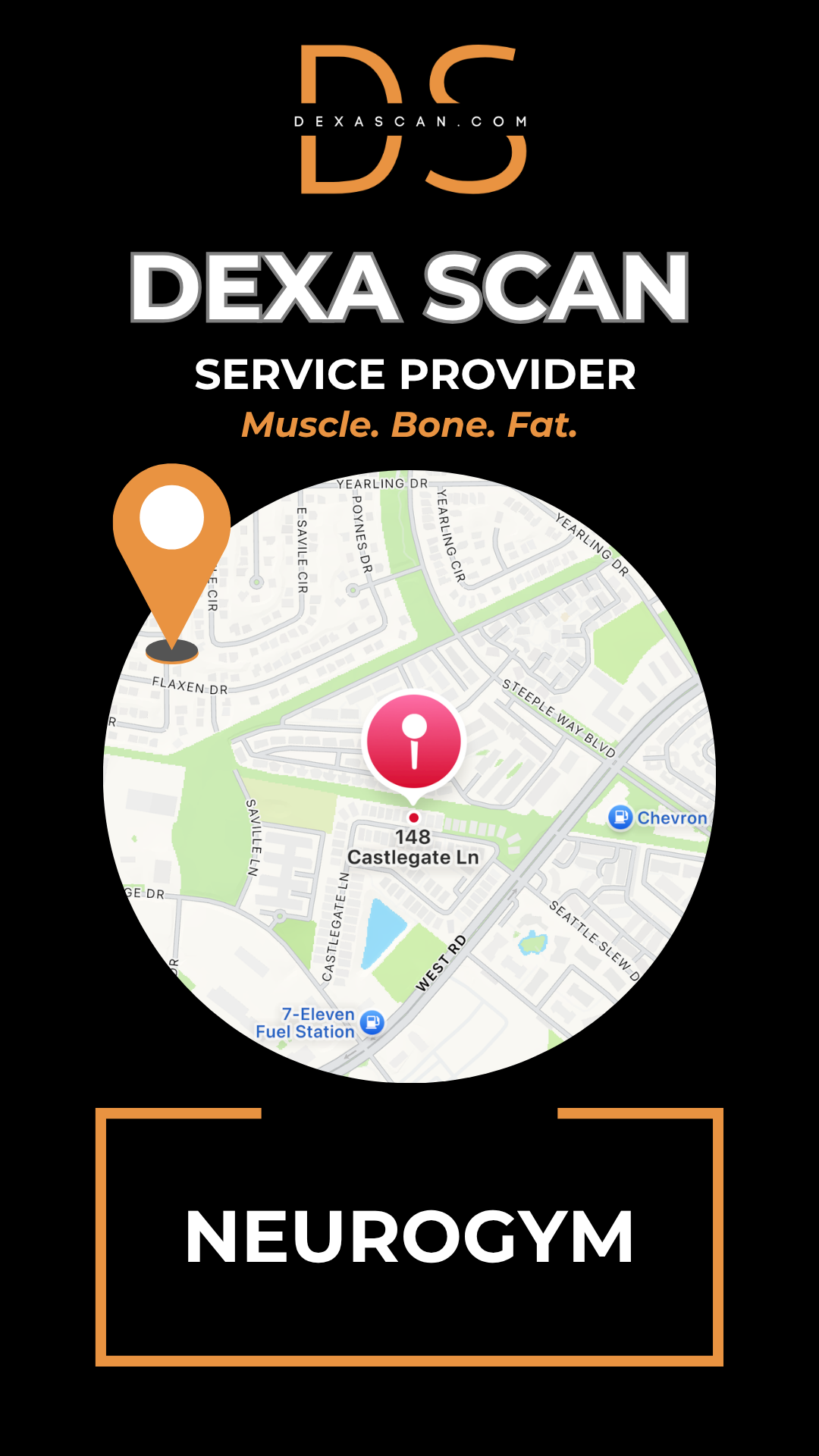 Dexa Scan service provider advertisement with map and branding elements on a black background