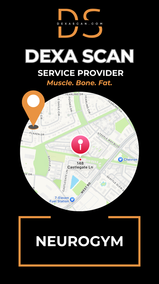 Dexa Scan service provider advertisement with map and branding elements on a black background