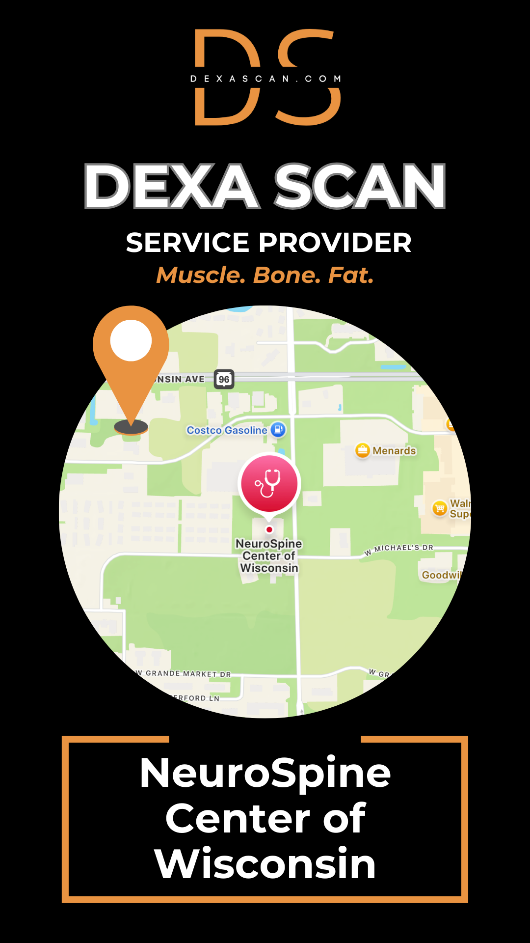 Dexa Scan service provider advertisement with a map and branding elements.