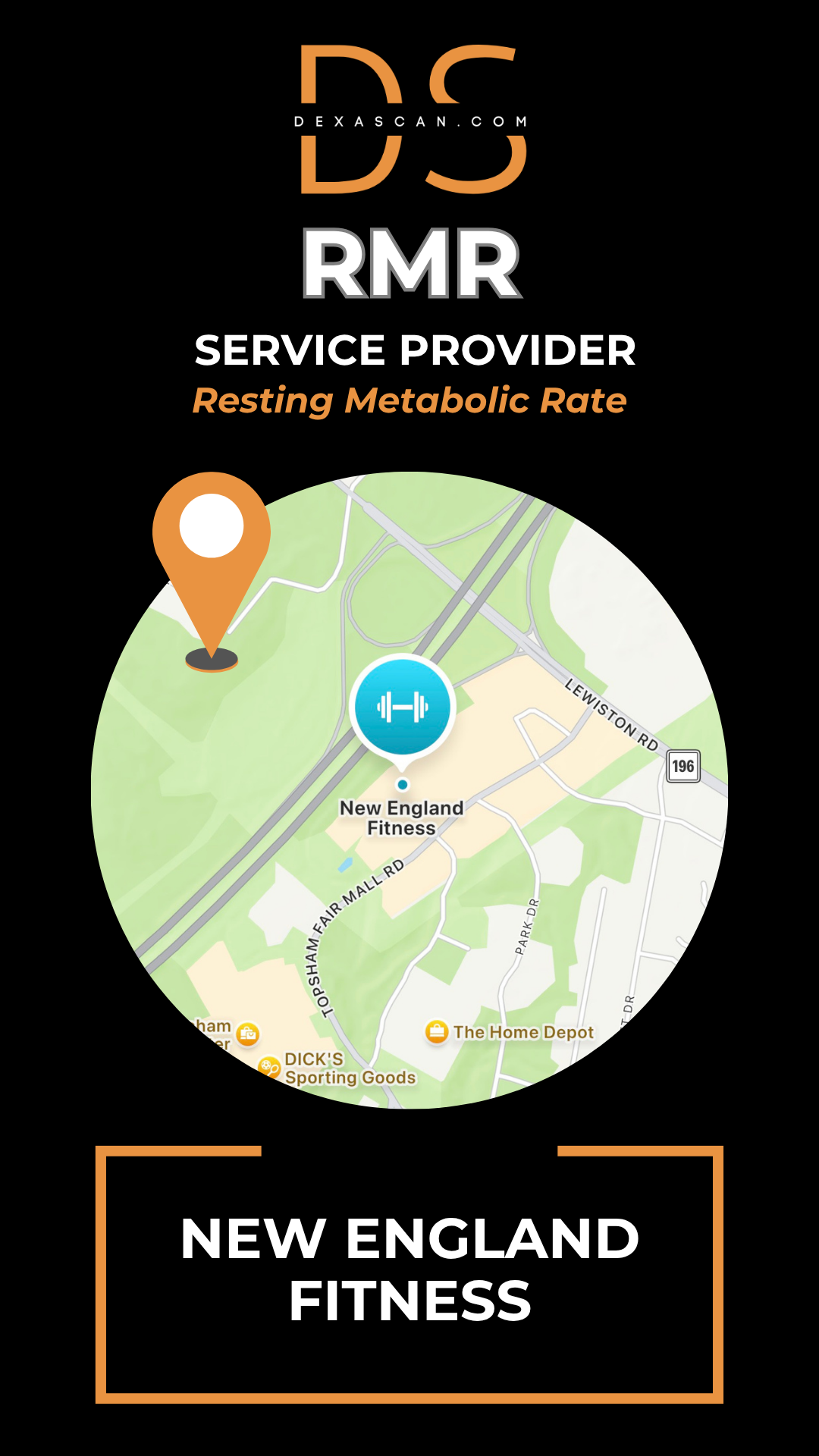 Map of New England Fitness with location pin and fitness icon on a black background with branding text.