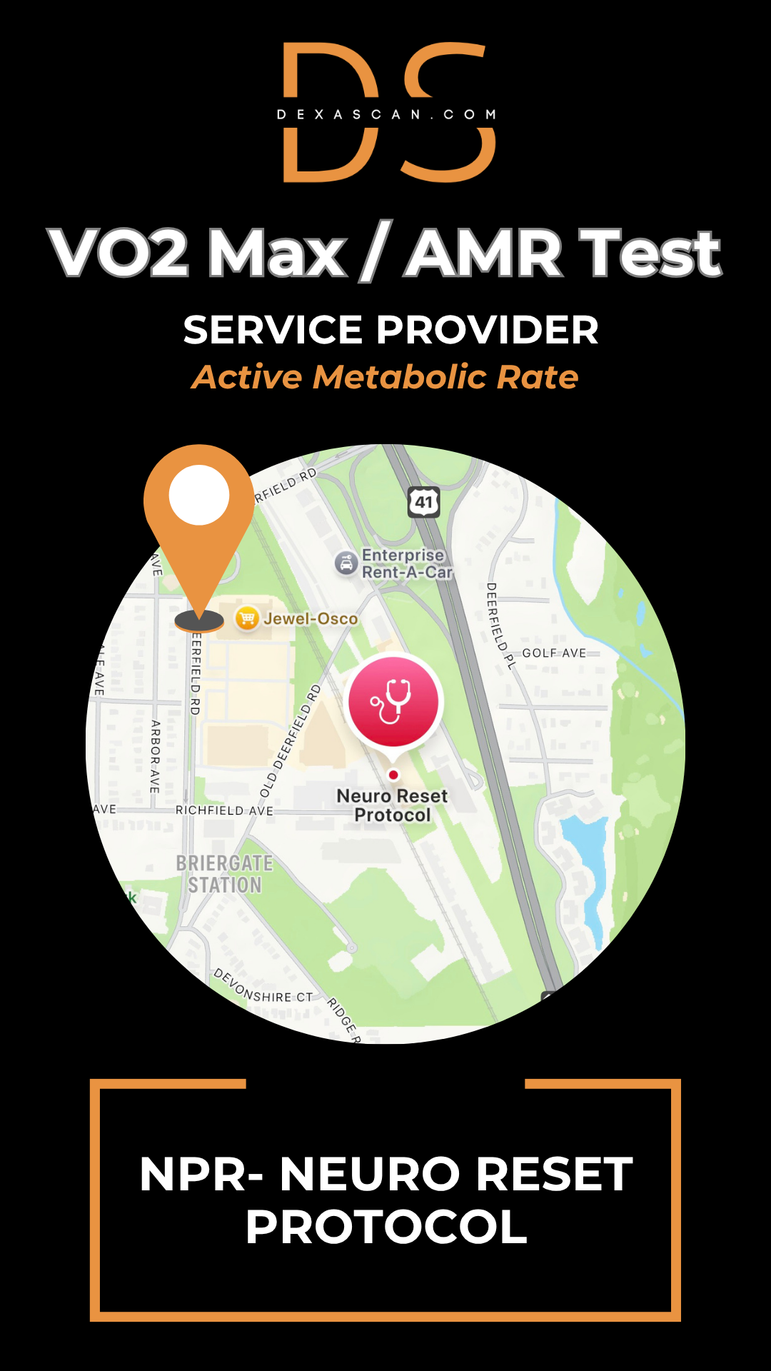 VO2 Max/AMR Test service provider with map icon and text on a black background