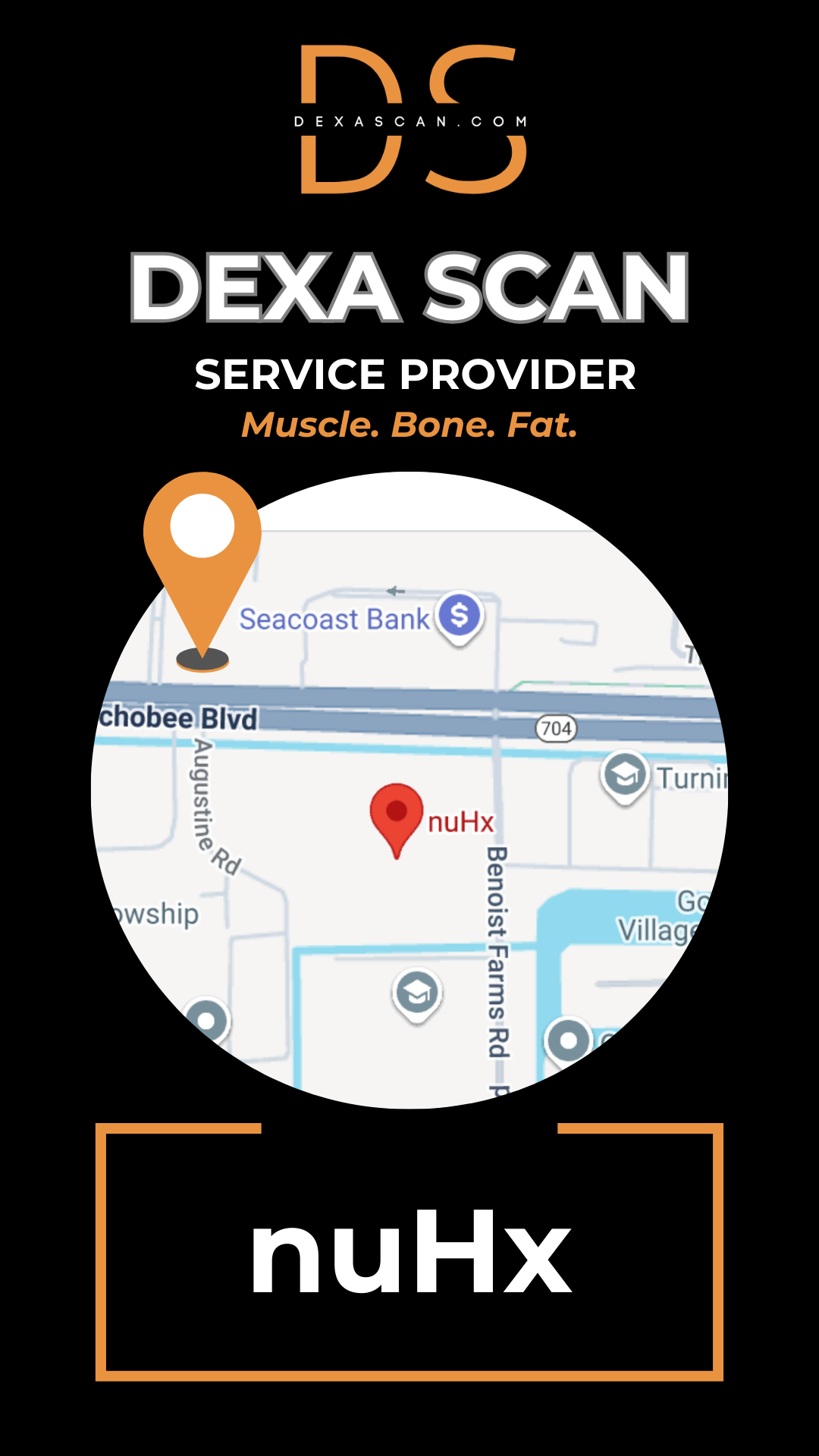 Dexa Scan service provider logo with map and location markers on a black background