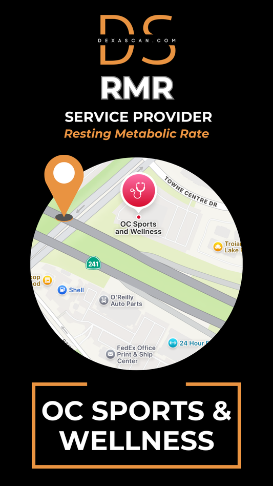 Map of a street with a pin and text about RMR service provider OC Sports & Wellness on a black background.