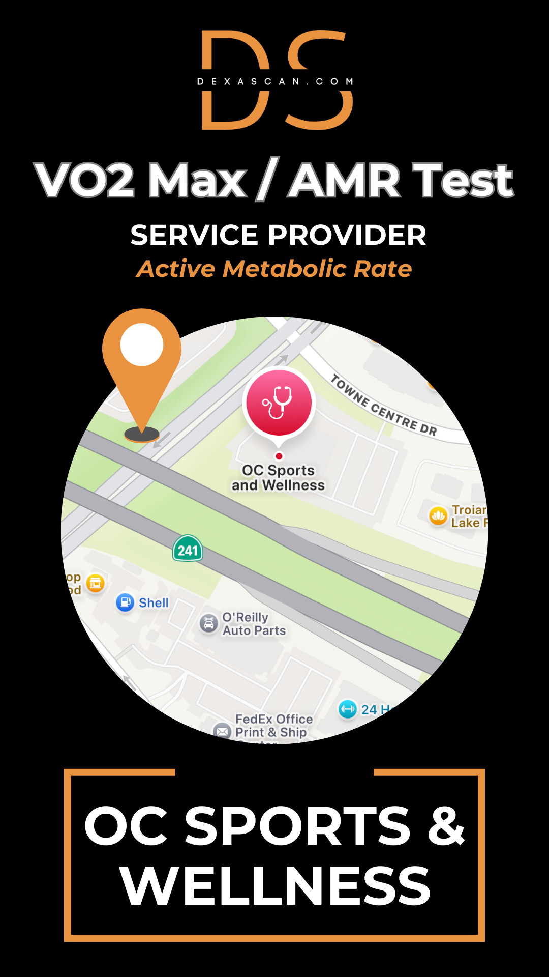 Advertisement for OC Sports & Wellness with a map and branding elements on a black background.