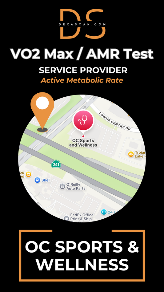 Advertisement for OC Sports & Wellness with a map and branding elements on a black background.