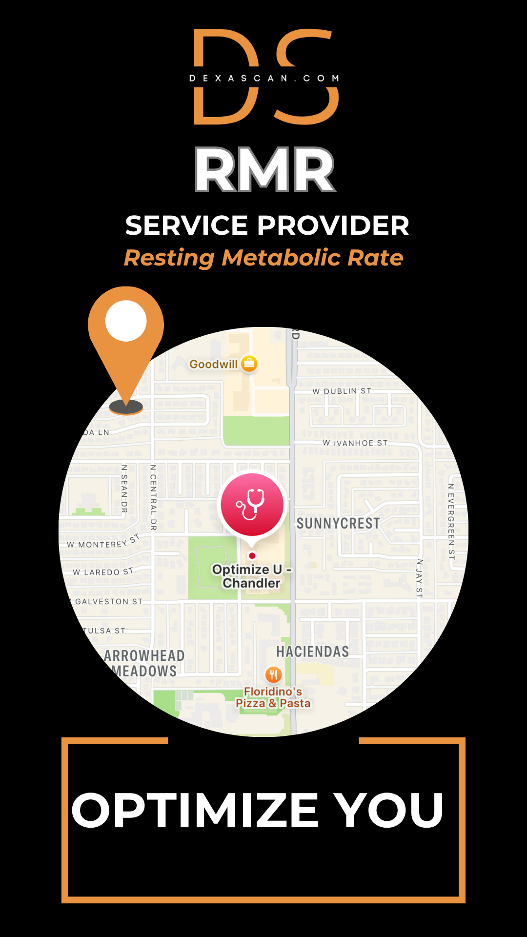 dexascan.com resting metabolic rate service provider Optimize You with location map and pin