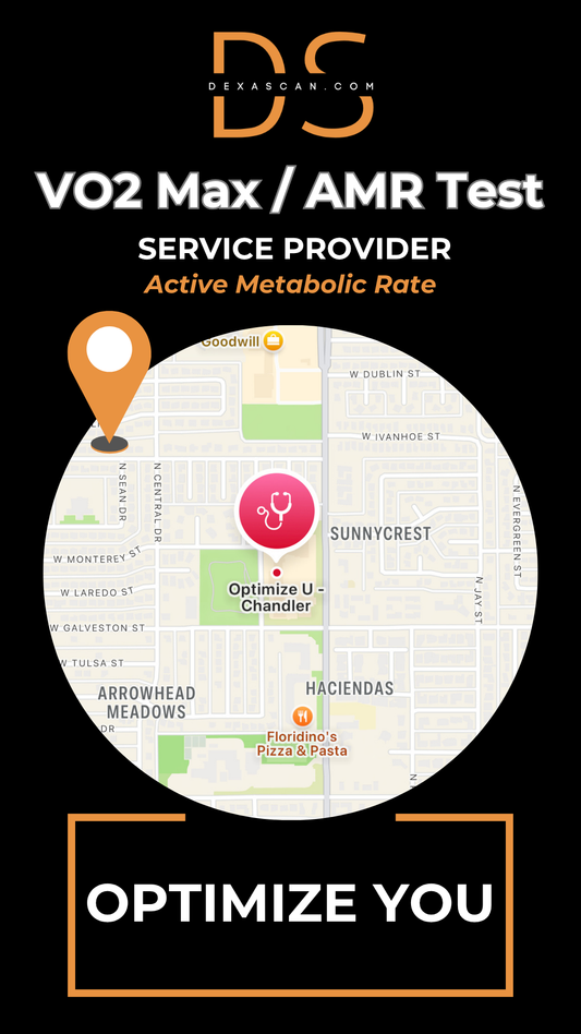 dexascan.com VO2 Max Active Metabolic Rate service provider Optimize You with location map and pin