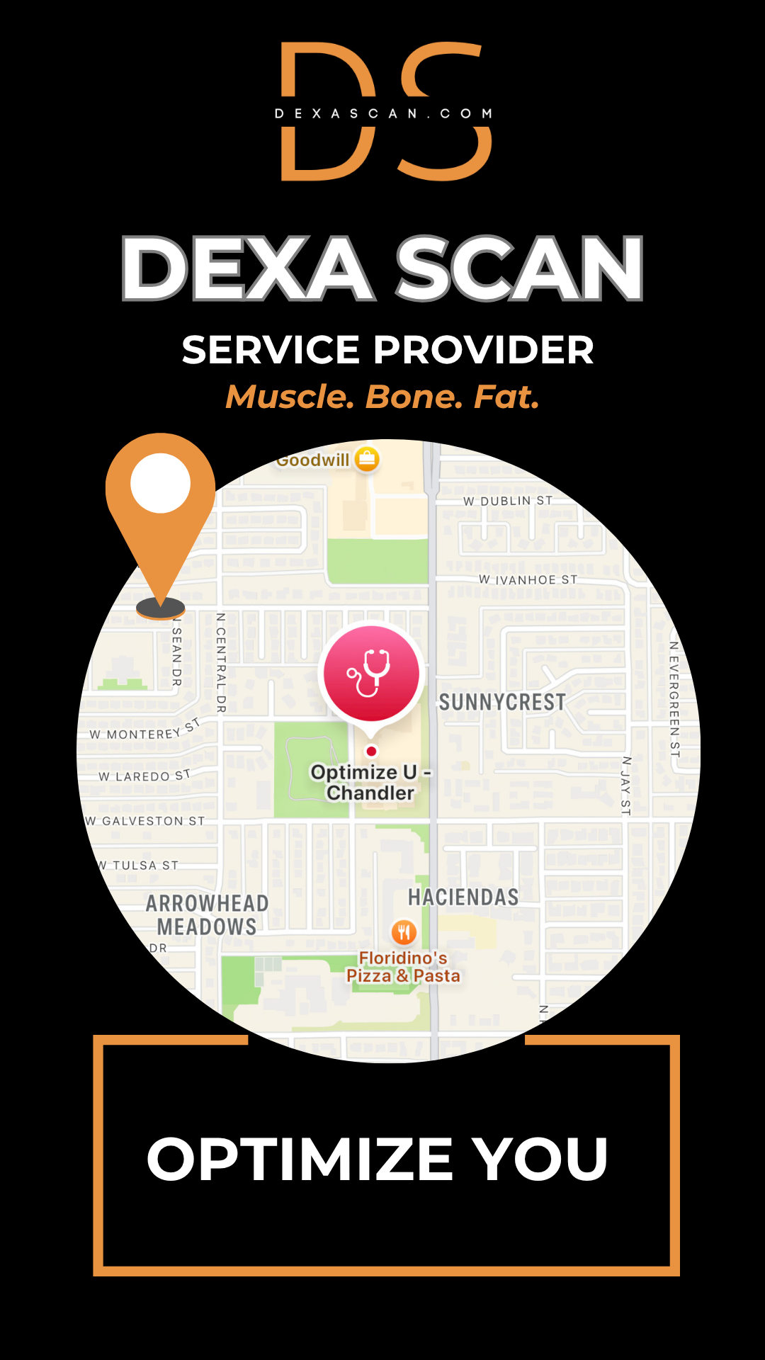 dexascan.com DEXA Scan service provider Optimize You with location map and pin