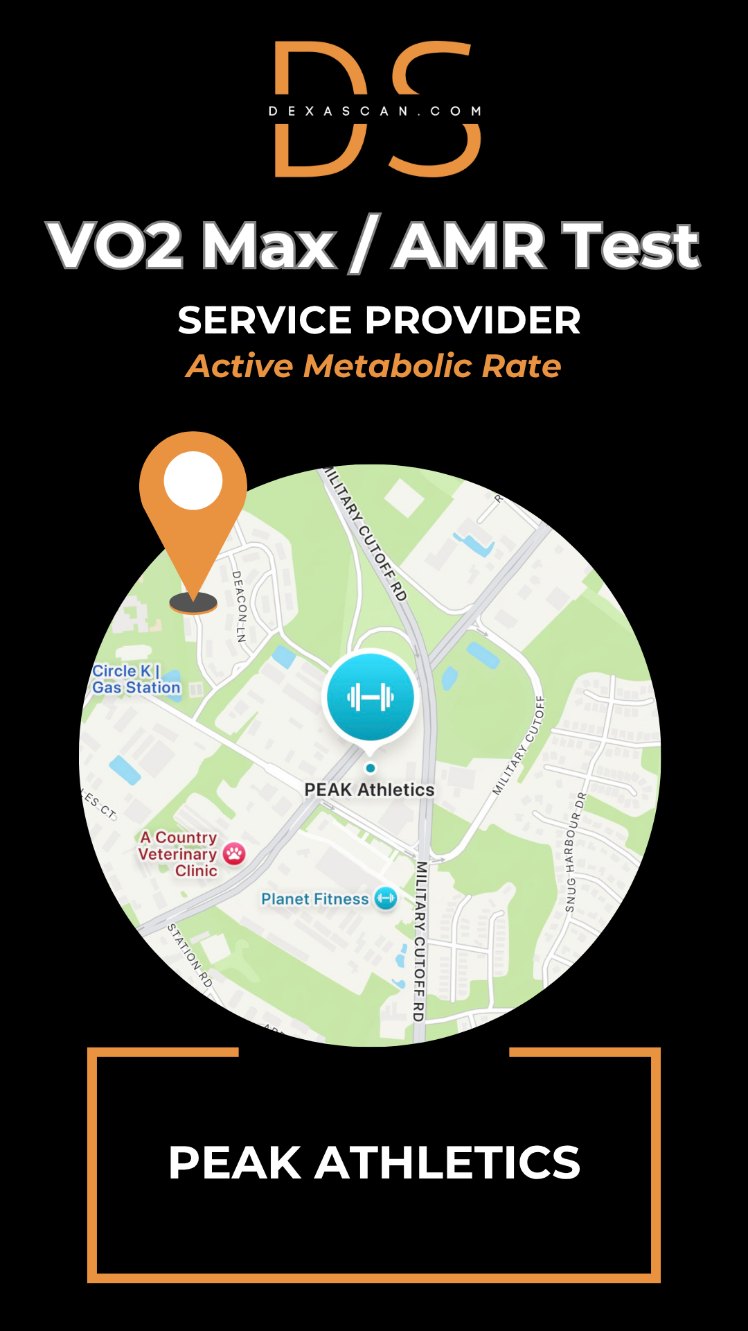 Map with location pin and 'Peak Athletics' branding on a black background