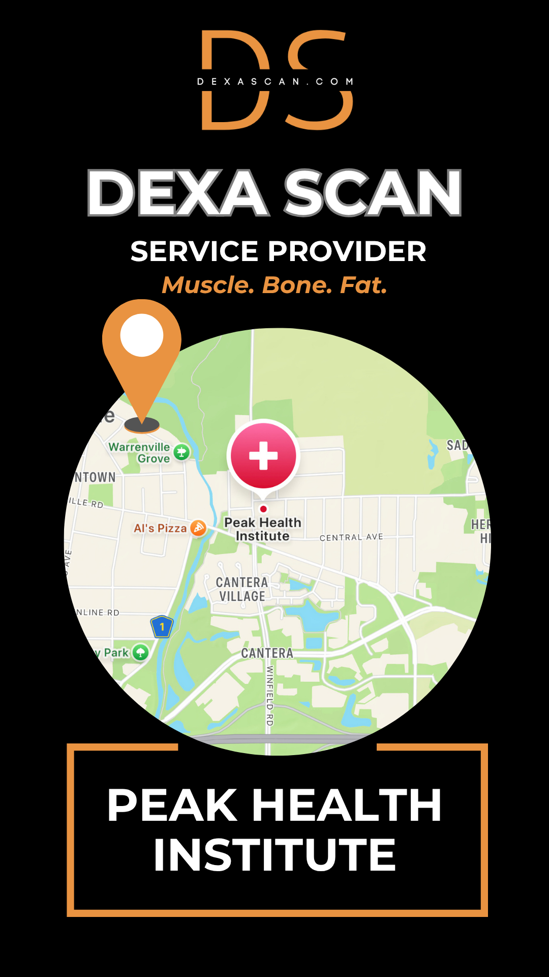 Dexa Scan service provider advertisement with map and branding elements on a black background