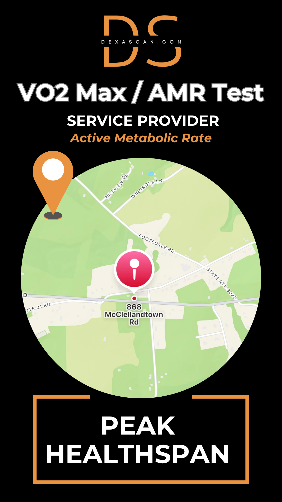 dexascan.com VO2 Max Active Metabolic Rate service provider Peak Healthspan with location map and pin