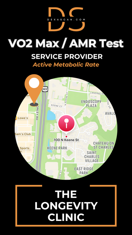 Advertisement for VO2 Max/AMR Test service provider with map and clinic name on a black background