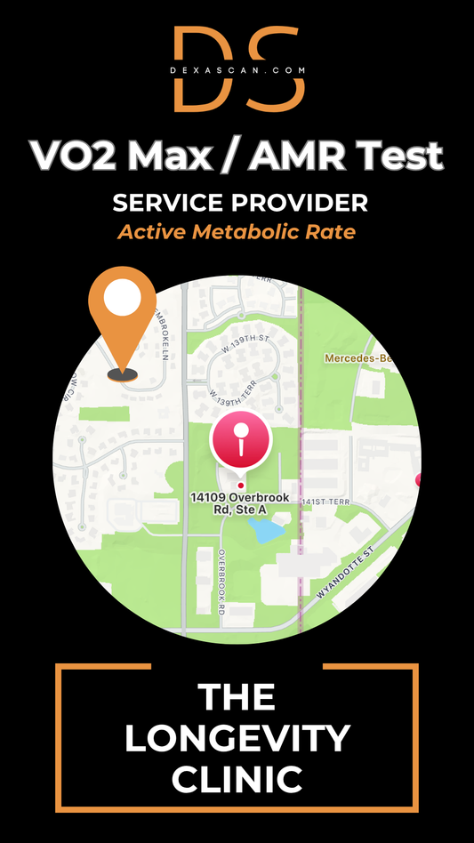 Advertisement for VO2 Max/AMR Test service provider with map and clinic name on a black background