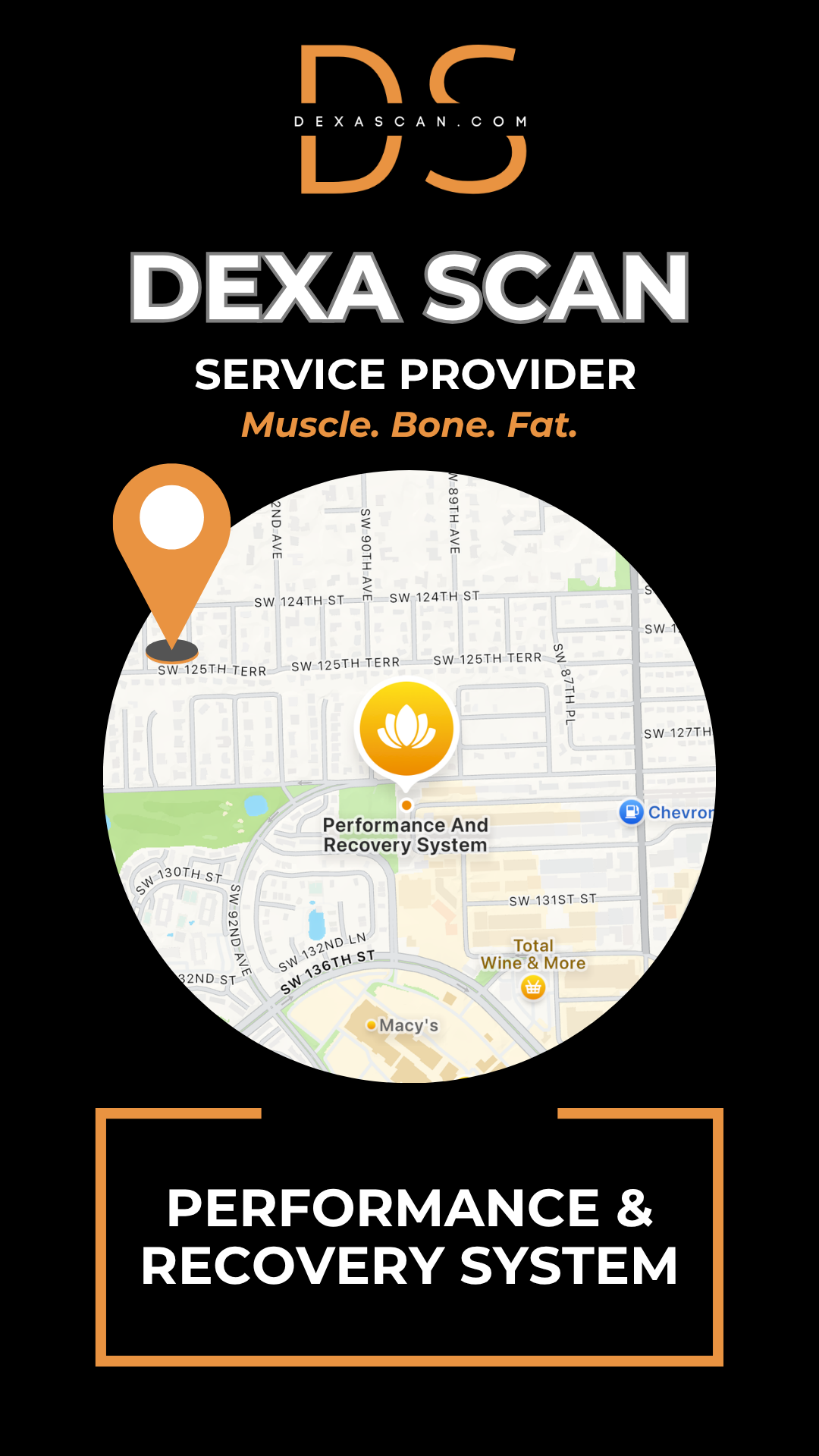 Dexa Scan service provider advertisement with map and branding elements on a black background