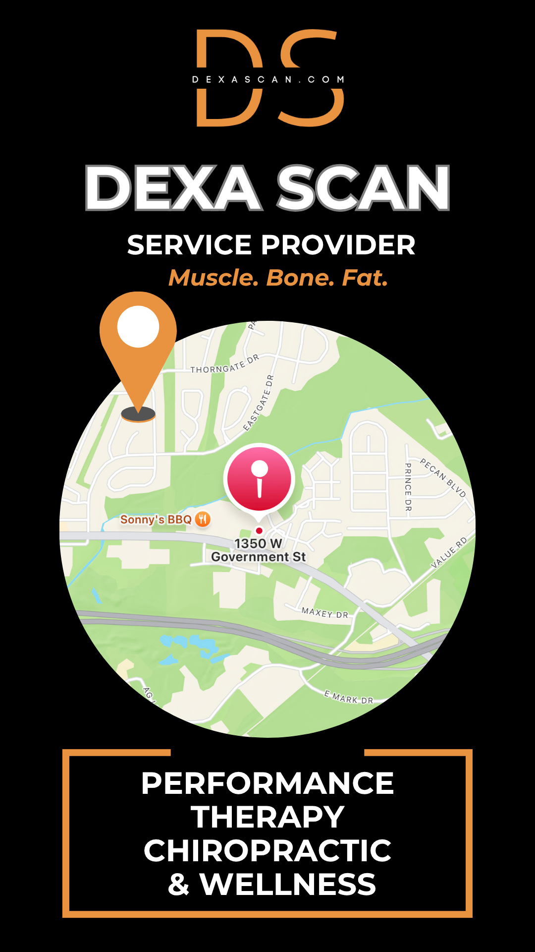 Dexa Scan service provider advertisement with map and branding elements on a black background