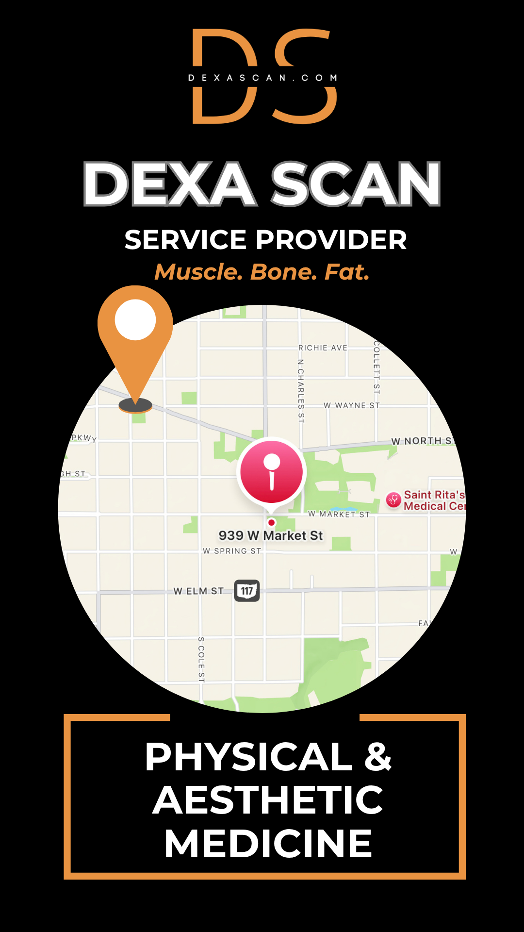Dexa Scan service provider advertisement with map and branding elements on a black background