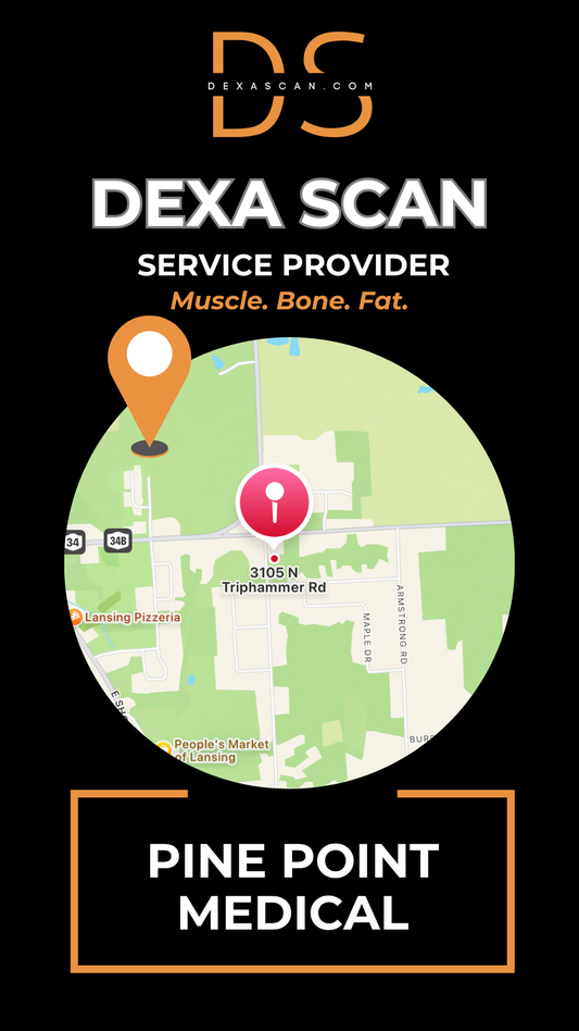 Dexa Scan service provider advertisement with map and contact information on a black background