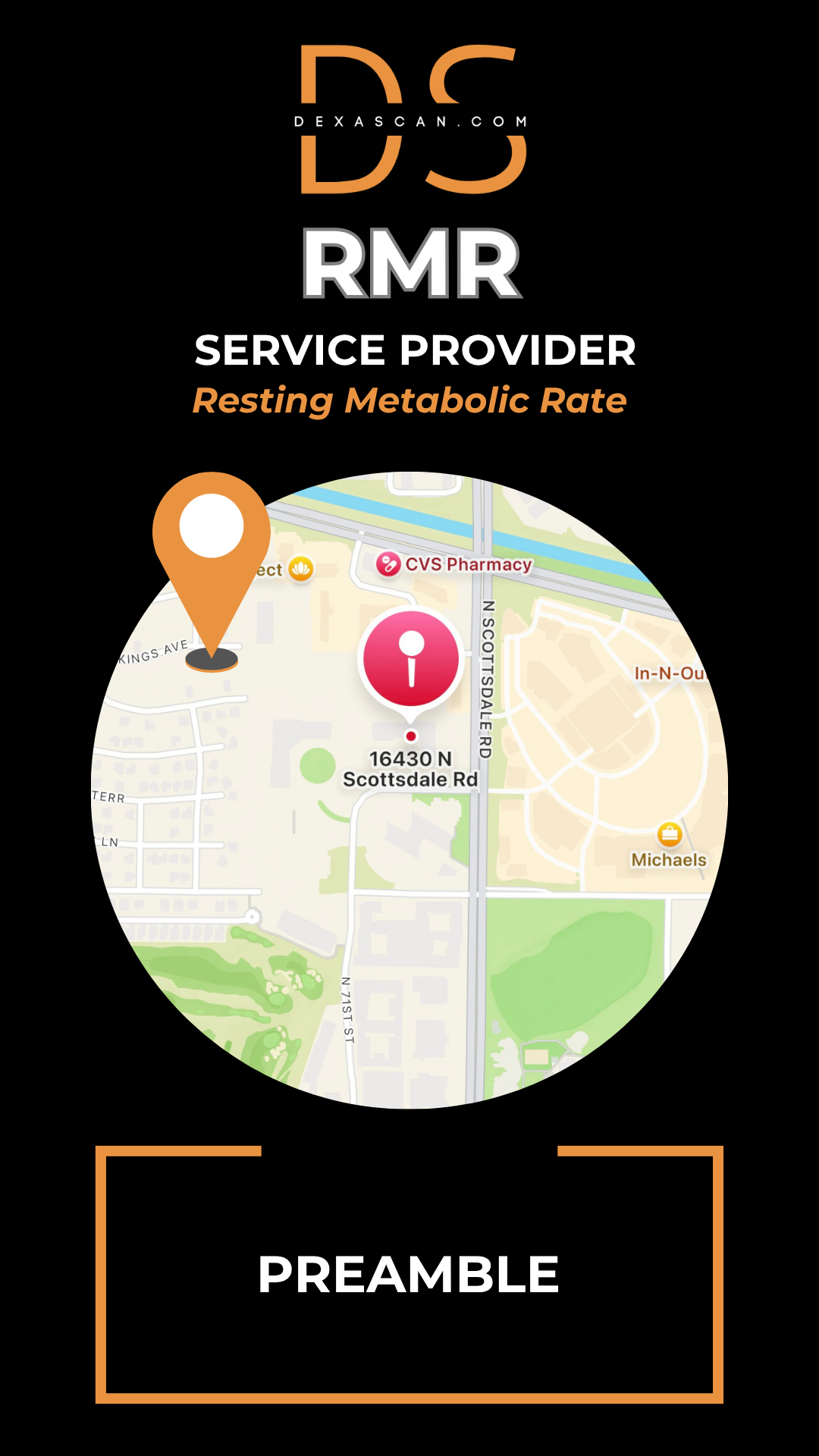 dexascan.com resting metabolic rate service provider Preamble with location map and pin