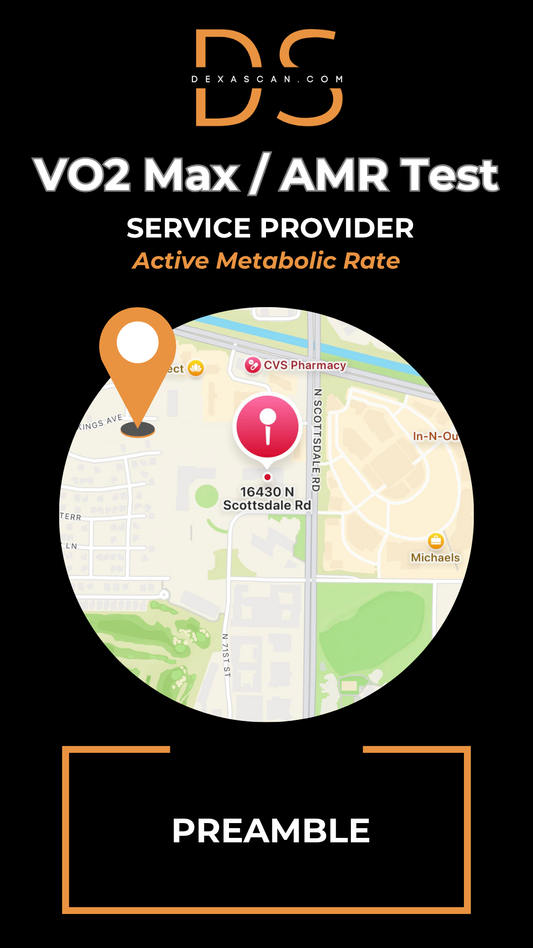 dexascan.com VO2 Max Active Metabolic Rate service provider Preamble with location map and pin