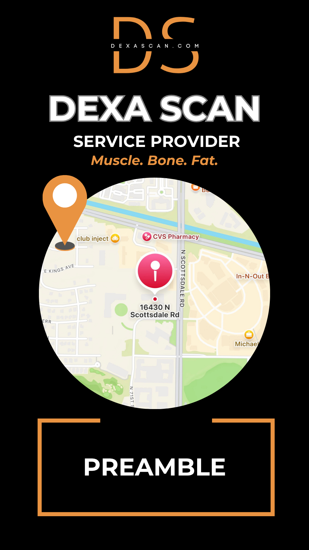 dexascan.com DEXA Scan service provider Preamble with location map and pin