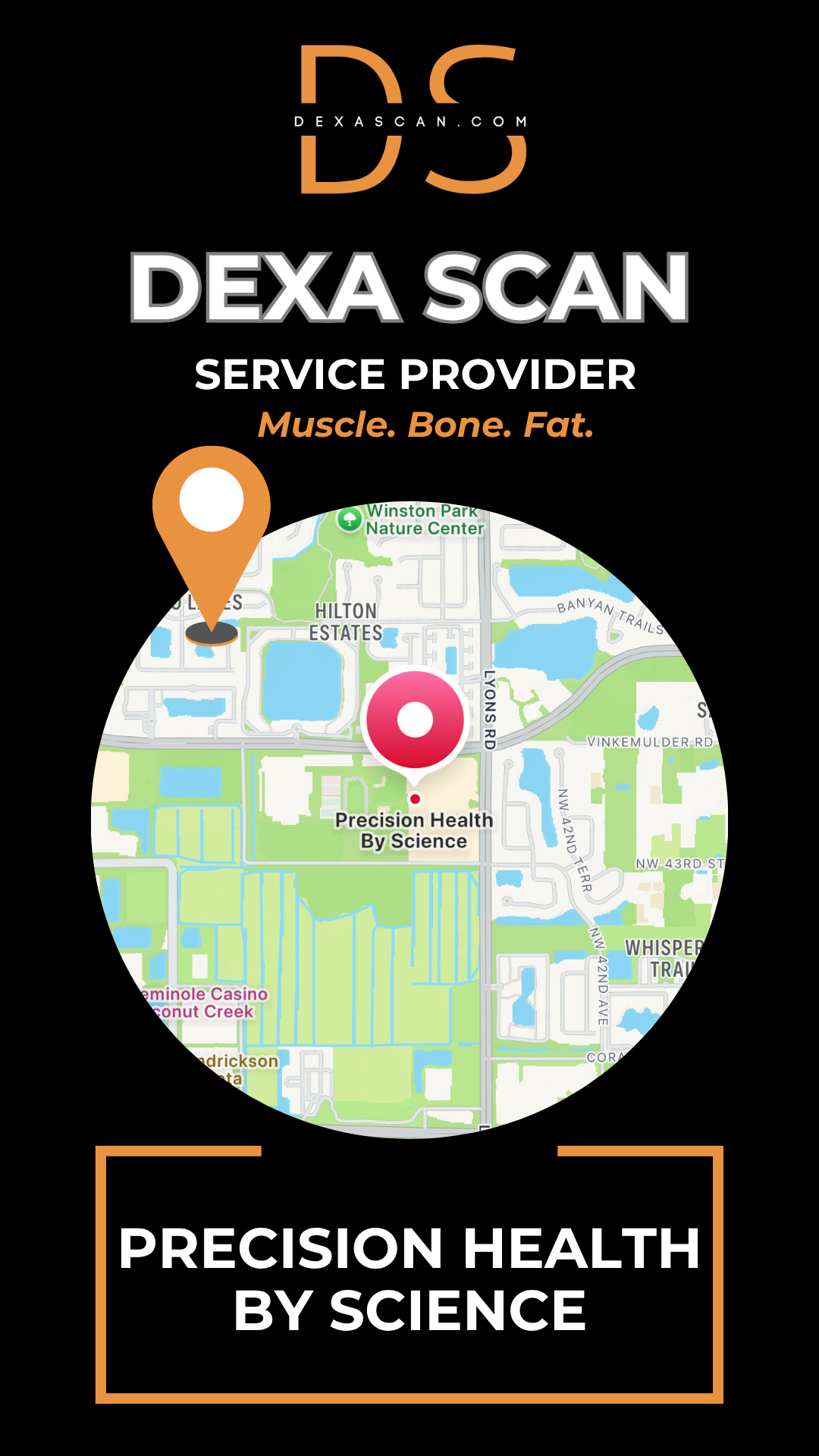 Dexa Scan service provider logo with a map graphic on a black background