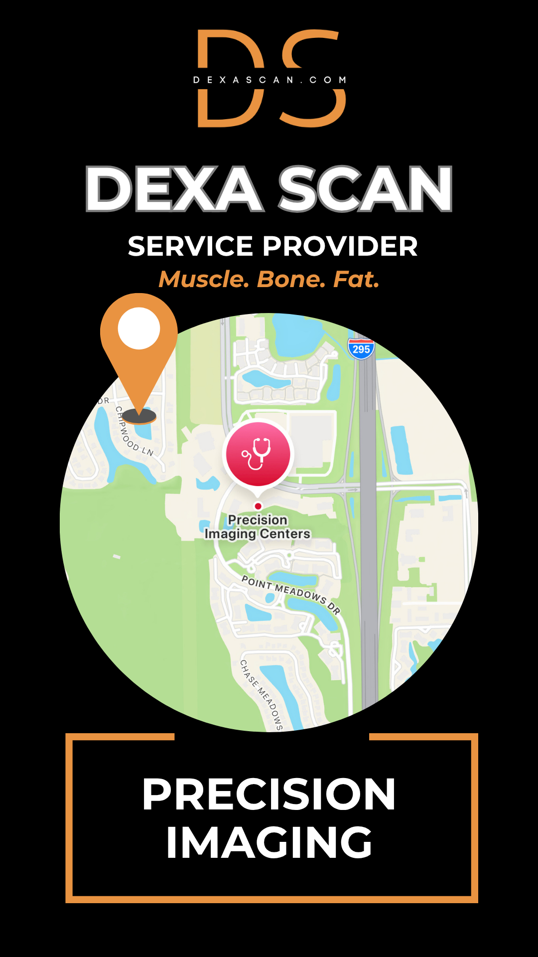 Dexa Scan service provider advertisement with map and branding elements on a black background