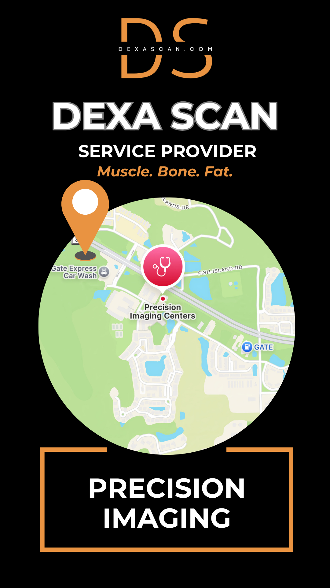 Dexa Scan service provider logo with a map and location pin on a black background
