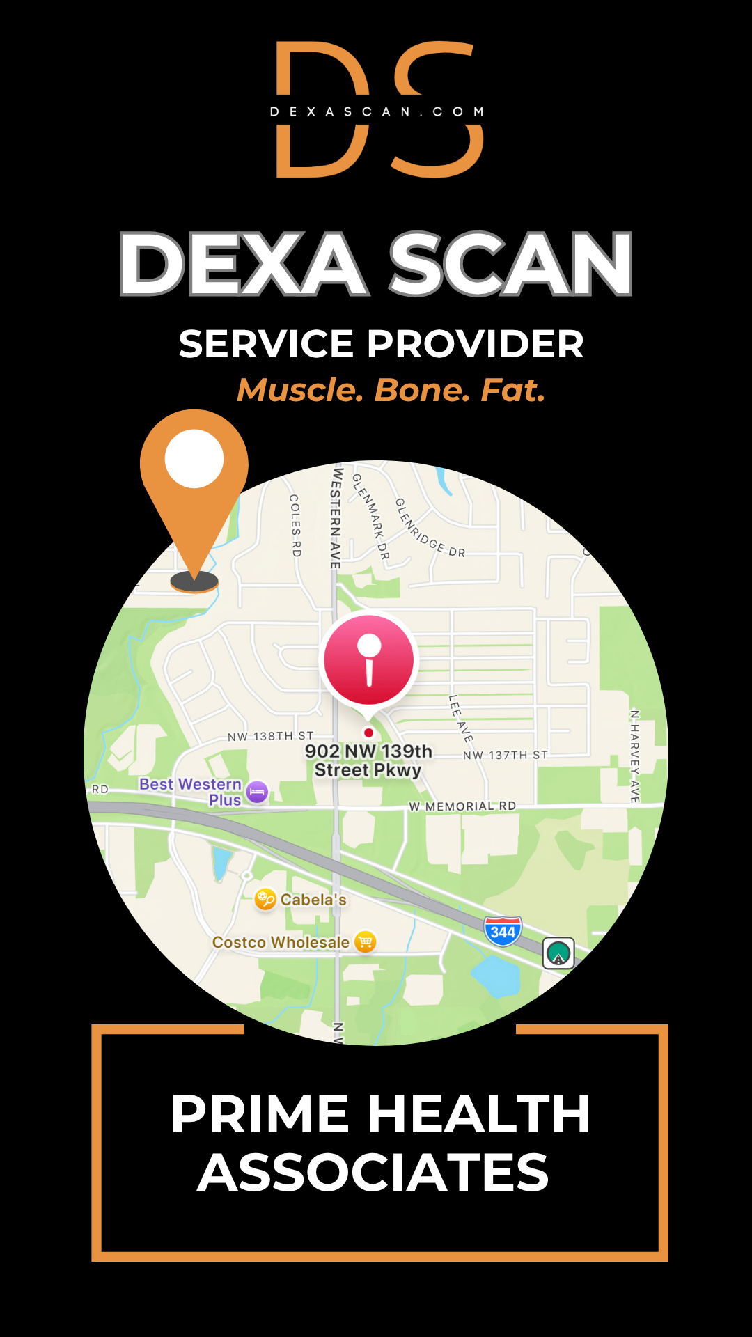 Dexa Scan service provider advertisement with map and contact information on a black background