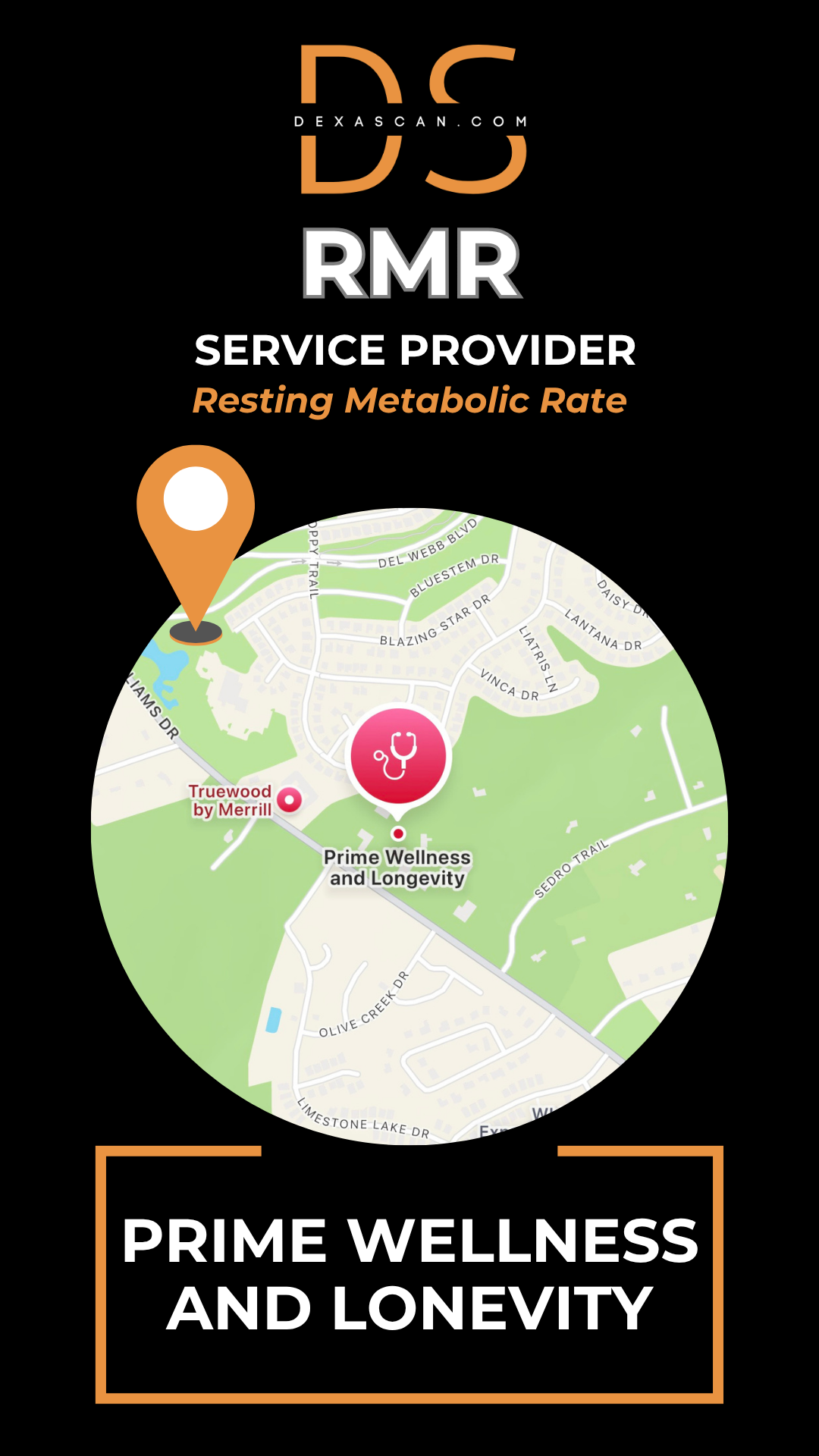 dexascan.com resting metabolic rate service provider Prime Wellness and Longevity with location map and pin