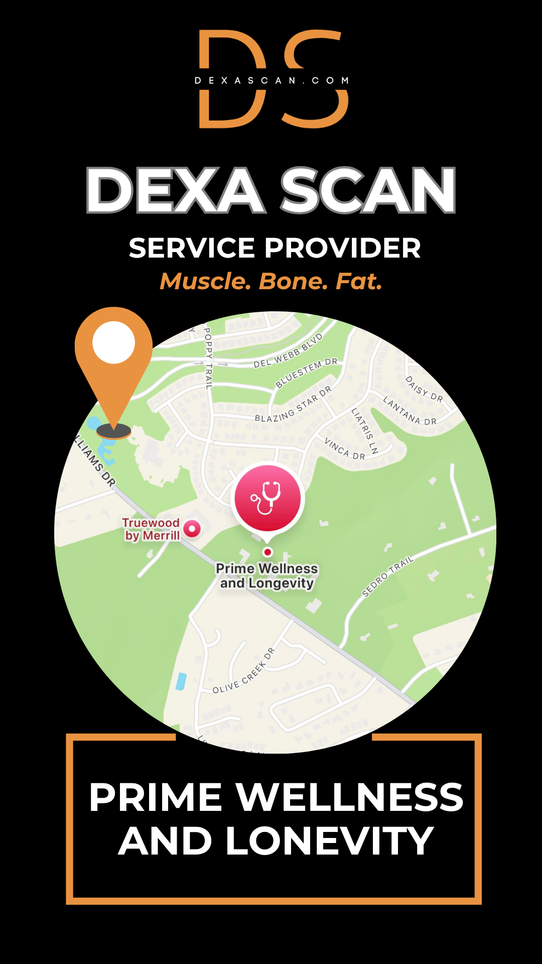 dexascan.com DEXA Scan service provider Prime Wellness and Longevity with location map and pin