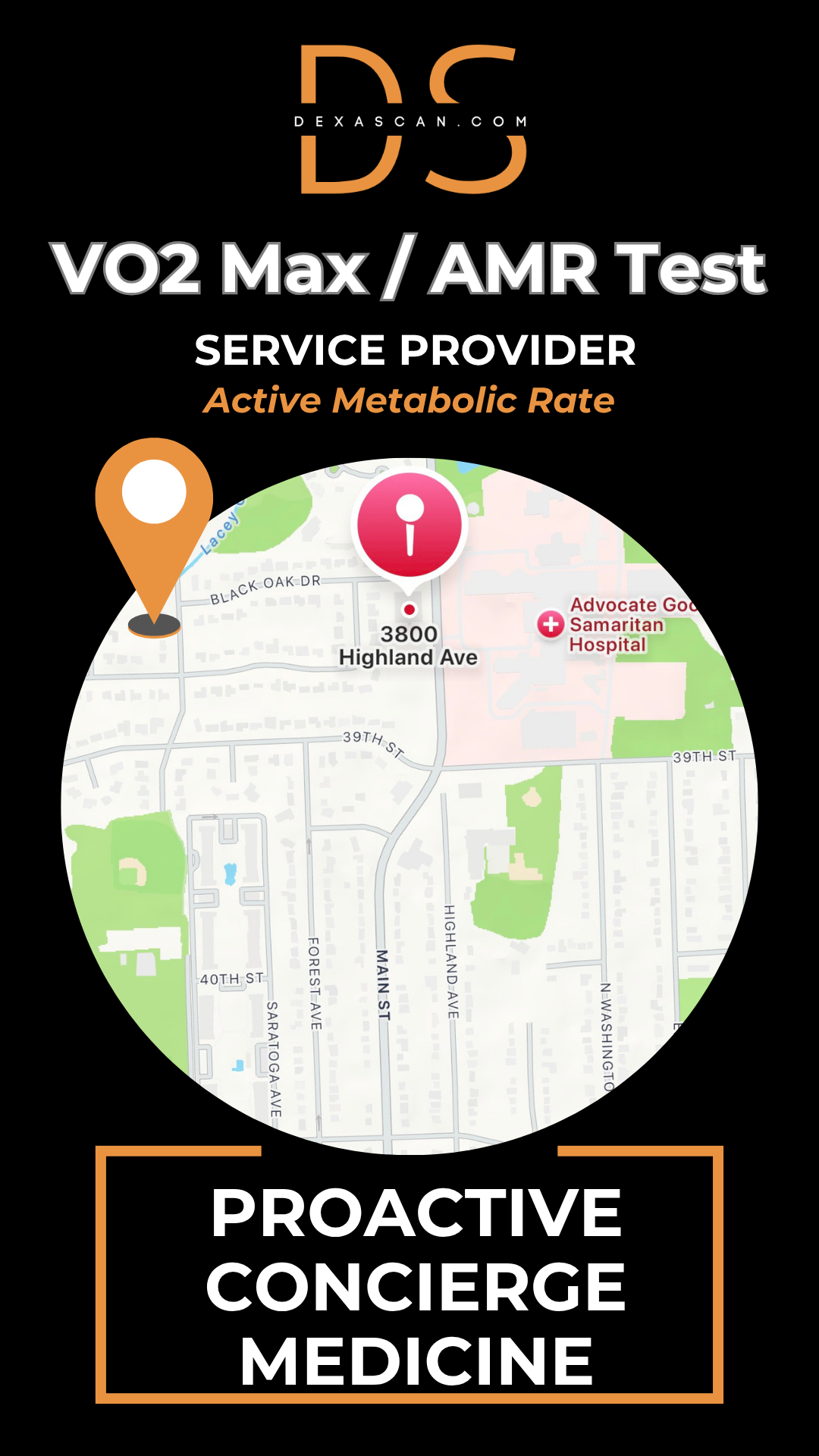 dexascan.com VO2 Max Active Metabolic Rate service provider Proactive Concierge Medicine with location map and pin