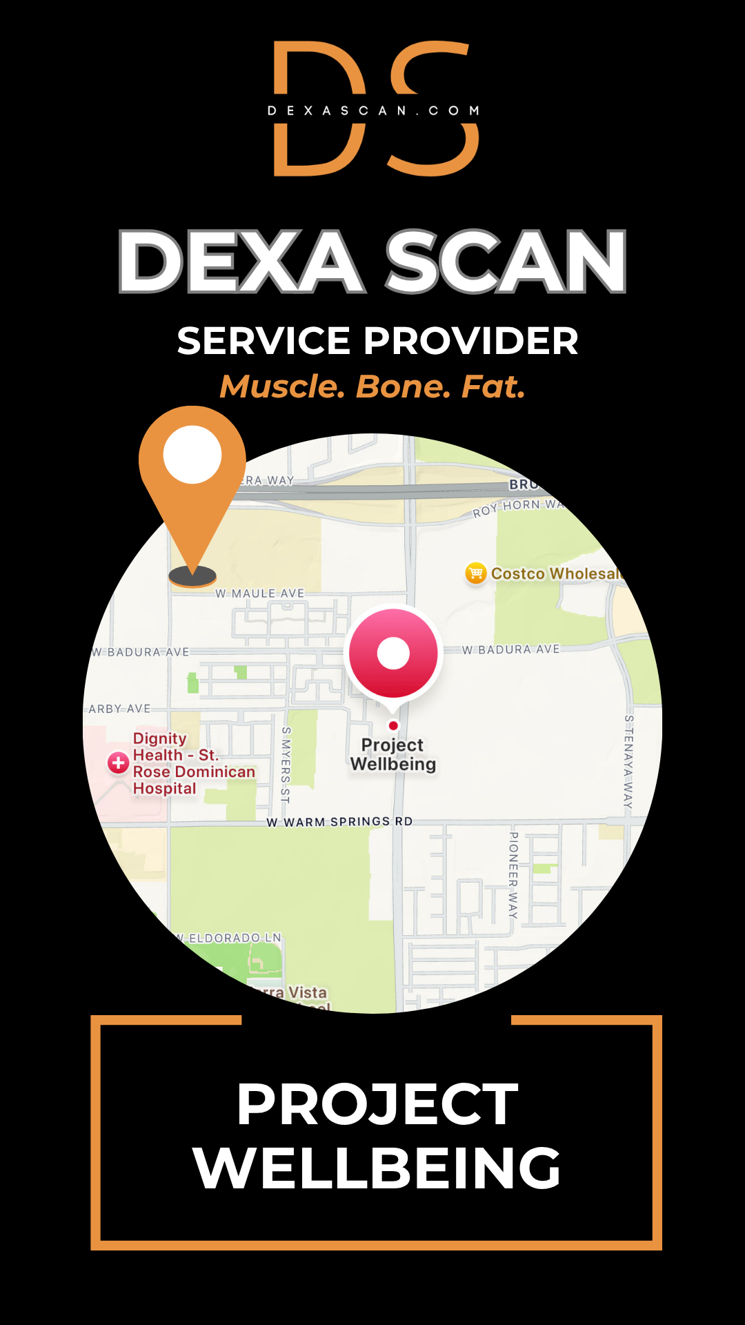 Dexa Scan service provider advertisement with map and branding elements on a black background